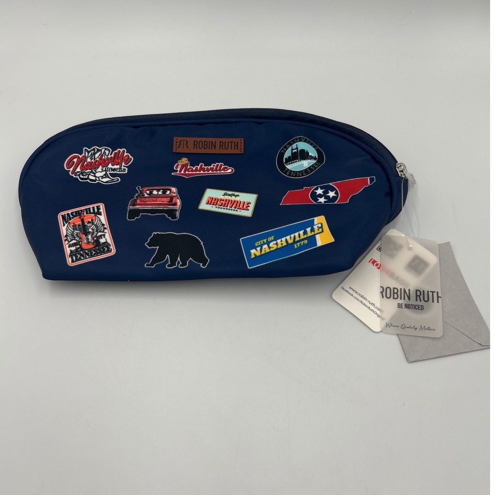 Robin Ruth Nashville Tennessee Navy Blue Patch Canvas Cosmetic Travel Pouch NEW